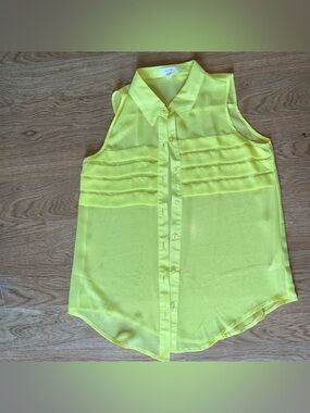 EAM Neon Yellow Sheer Button Down Blouse Size Small Sleeveless Chiffon Top